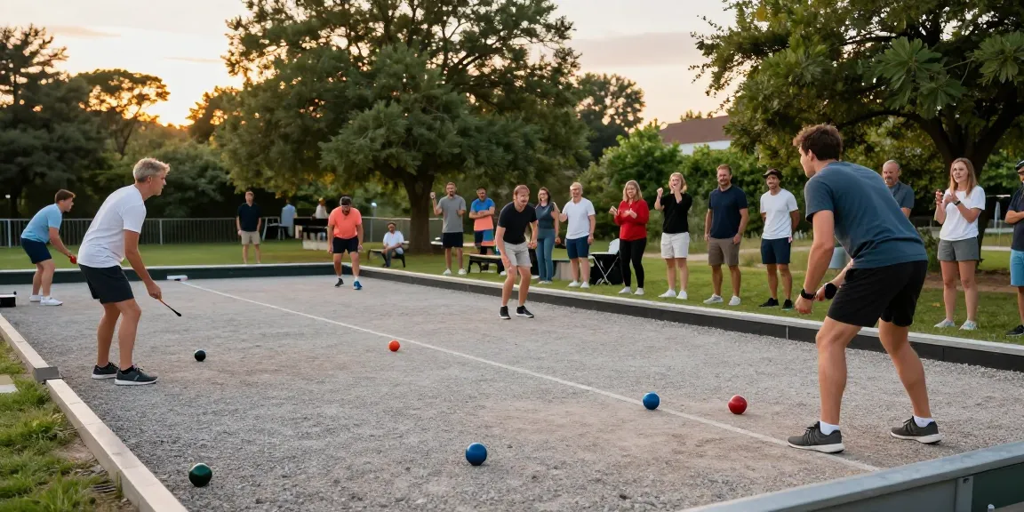 Pemain petanque berkompetisi di lapangan fopikotabontang.org dengan suasana hangat saat senja.
